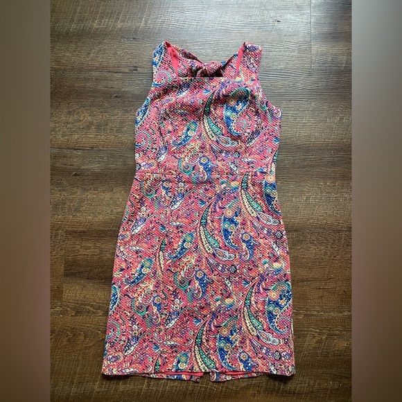TALBOTS pink salmon Bonaire Paisley Sleeveless Sheath Dress sz 4P open back EUC - Picture 9 of 15